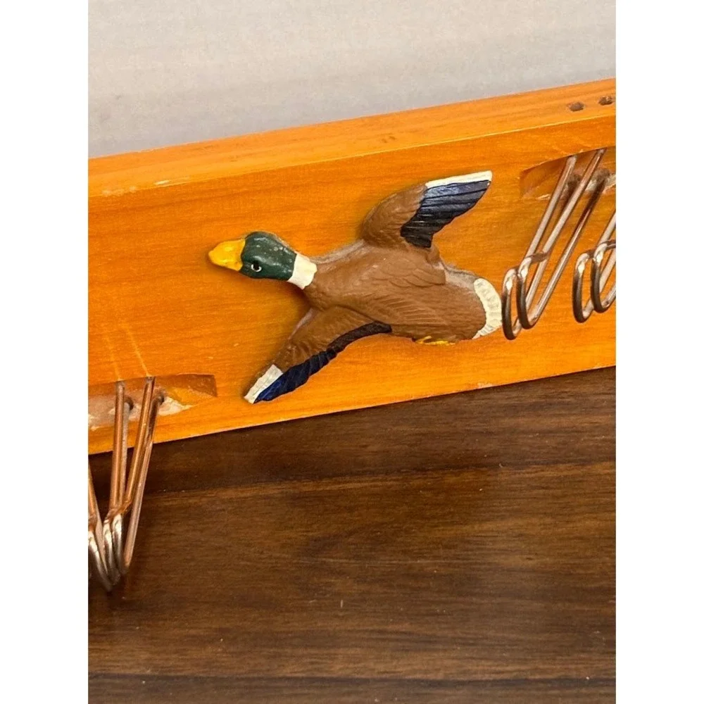 Vintage Wood Mallard Duck Tie Belt Rack Wall Mount 8 Hook Rustic Cabin Decor